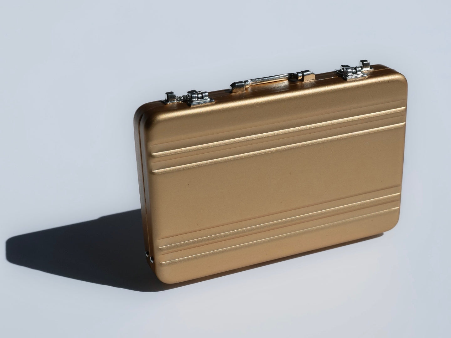 Close-up side view of pouches in briefcase